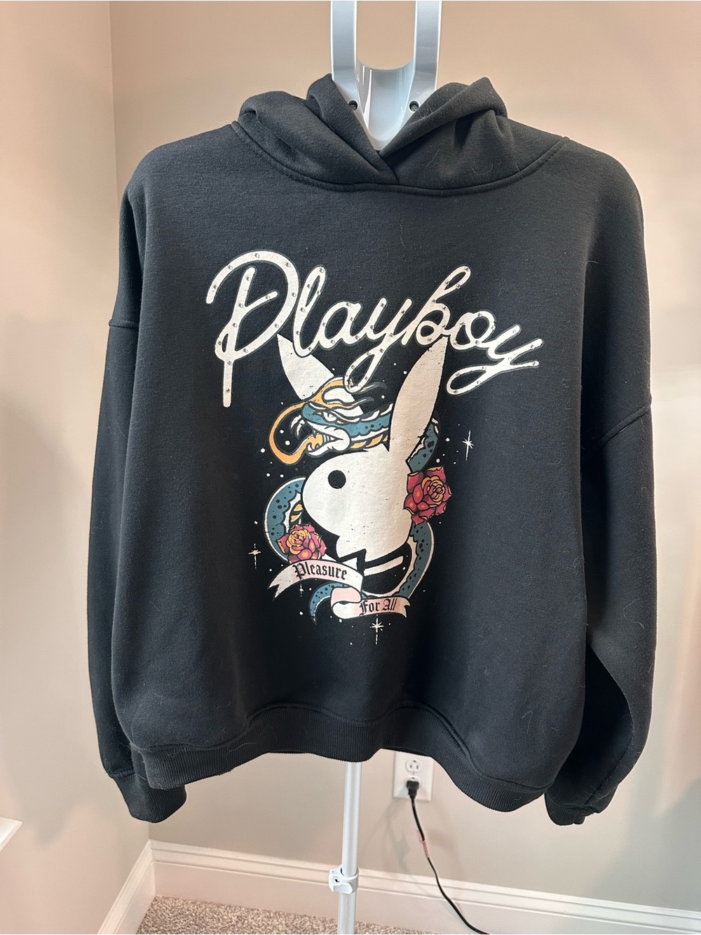 Playboy Bunny Snake Black Tattoo Graphic Hoodie Rhinestone Script Unisex XL EUC